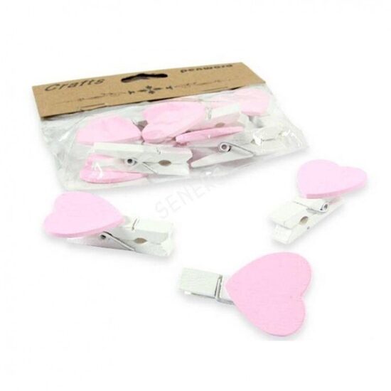 Dekoracija rankdarbiams Segtukai mediniai balti su rožine širdele, 10vnt. D8 PENWORD