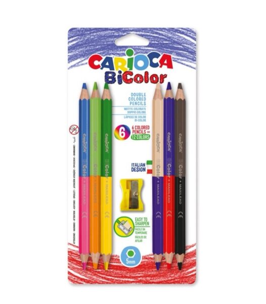 Spalvoti pieštukai BI-COLOR JUMBO su drožtuku, 6vnt. - 12 spalvų