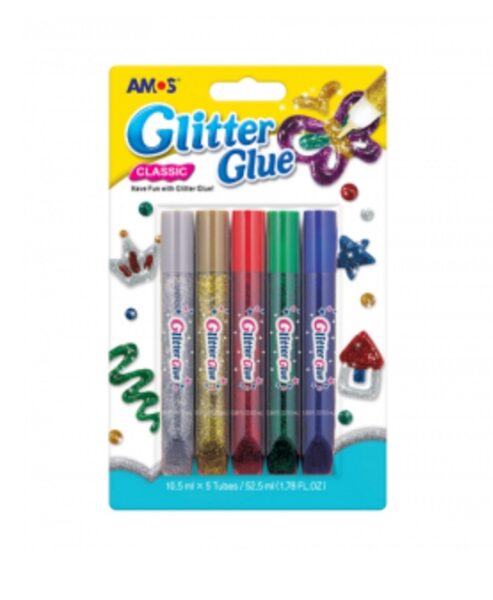 Klijai su blizgučiais "Classic", 5 spalvų po 10,5ml AMOS