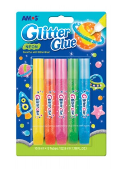 Klijai su blizgučiais "NEON", 5 spalvų po 10,5ml AMOS