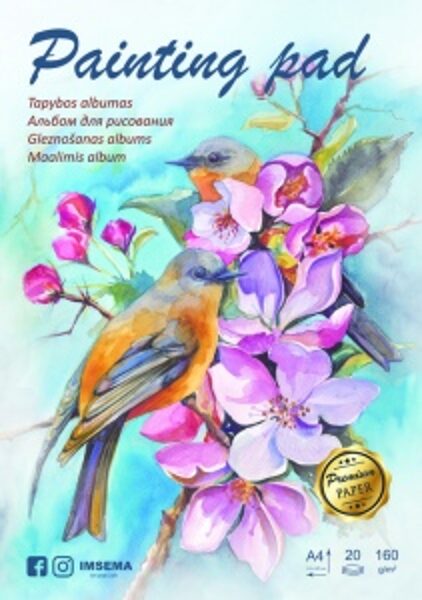 Akvarelinis albumas albumas Birds Premium A4, 20 lapų, popierius 160 gr./m2, kieta nugarėlė
