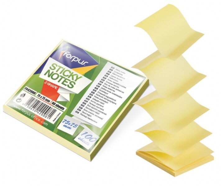 Padidinti Lipnūs lapeliai Forpus Office, Z tipo, 75x75mm, geltoni (100l)
