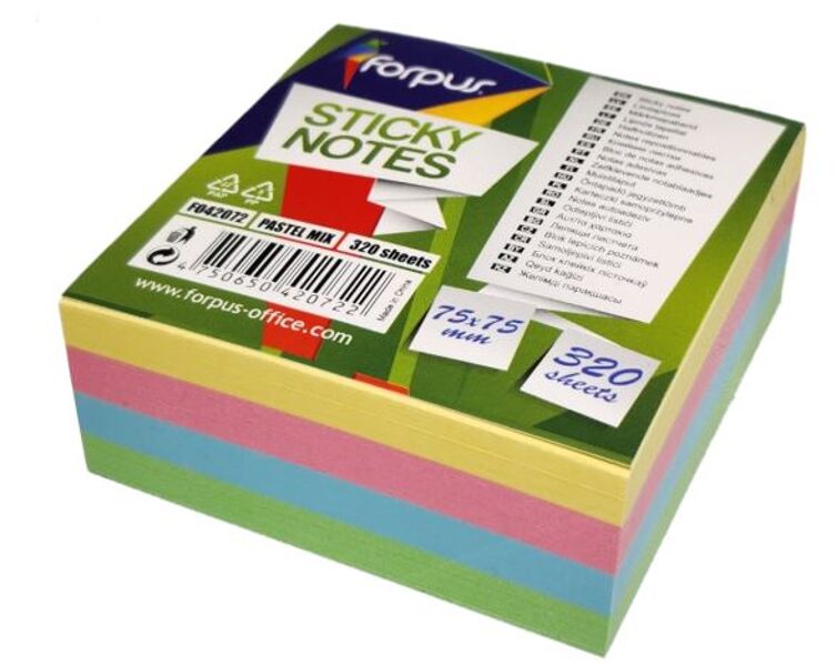 Lipnūs lapeliai Forpus, 75x75mm, 4-ių pastelinių spalvų miksas, kubas 320vnt